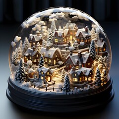 3D illustration of a snow globe with houses and trees. Christmas concept
