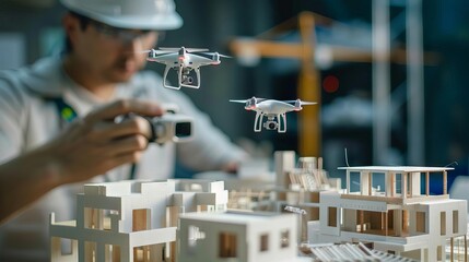 An architect and developer collaborating with drones to capture a 3D model of a construction site for efficient planning