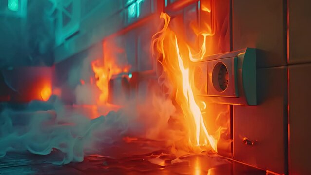 Home electric wire plug in indoor in fire caused by a short circuit , domestic accident concept image