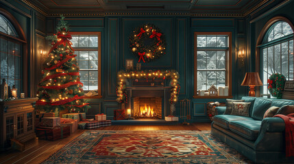 Festive living room decorated for christmas. Generative AI