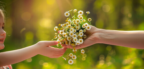 A child's hands offer a bouquet of daisies to her mom their smiles mirroring the joy of Mother's Day. - obrazy, fototapety, plakaty