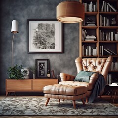 Living room interior with brown leather armchair, bookshelf, coffee table, lamp and bookcase.