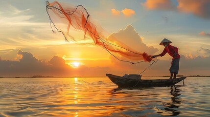 An elderly fisherman in Vietnam skillfully casting a net from his wooden boat at sunrise, reflecting a traditional fishing technique