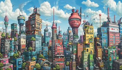 An imaginative vision of a graffiti artist painting an entire city, each stroke adding new buildings and parks