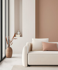 Serene minimalist interiors in earthy tones. Interior design composition in neutral tones using contrasting colors.