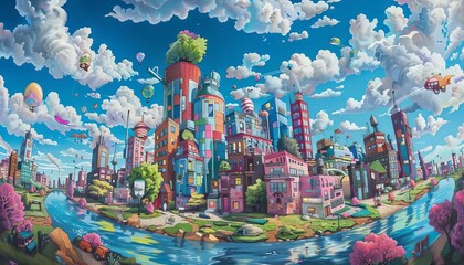 An imaginative vision of a graffiti artist painting an entire city, each stroke adding new...