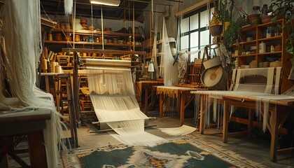 An imaginative workshop where artisans are weaving tapestries that flow like waterfalls from wooden looms