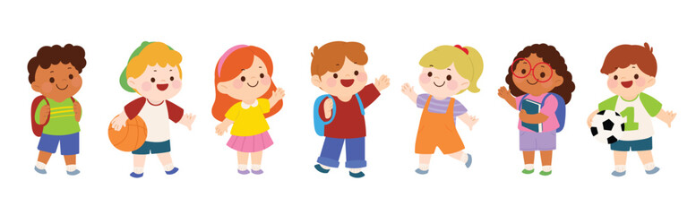 Cute kids characters vector set. Collection back to School of kindergarten, girls, boys, children with different poses, happy, smile. Back to school with kids illustration for education.