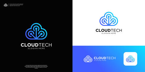 Fototapeta premium Geometric cloud tech logo line art icon. Modern computing, server, database symbol logo design.