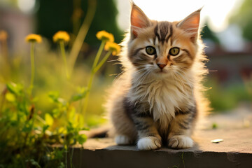 Cute kitten sitting outdoors staring at camera with playful eyes