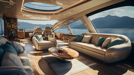 Sleek, modern yacht interior with a lounge area, nautical decor, and panoramic ocean views,