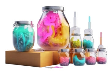 Rainbow Elixirs: A Composition of Colorful Jars on White or PNG Transparent Background.