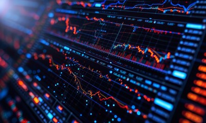 digital screen displaying real-time Bitcoin trading charts and graphs, with glowing neon lines on a dark background to represent the volatility and digital essence of cryptocurrency trading