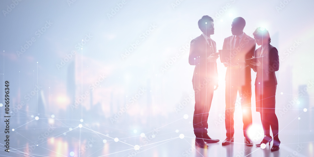 Poster group of multinational businesspeople and communication network concept. wide angle visual for banne