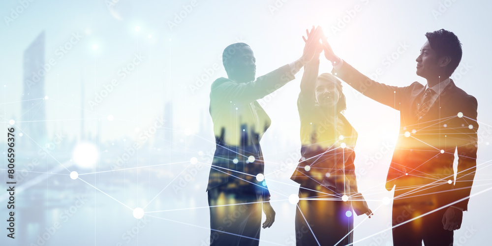 Poster group of multinational businesspeople and communication network concept. wide angle visual for banne