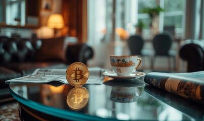 Bitcoin cryptocurrency sits beside a coffee cup on a reflective surface with a financial newspaper, illustrating the integration of digital currencies in daily life.