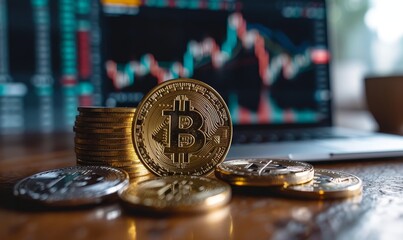Golden Bitcoin tokens pile on a reflective desk surface with a laptop displaying trading chart graphs, symbolizing cryptocurrency trading and investment.