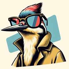 Chic Woodpecker in Spectacles: A Whimsical Synthwave Vector Illustration with Pastel Post-Impressionism Flair for Trendy T-Shirt Design. Generative AI