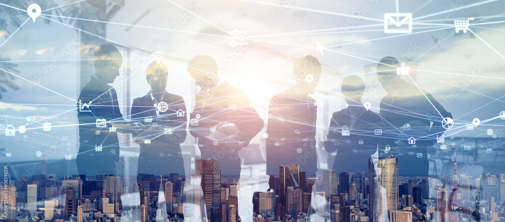 Poster group of multinational businesspeople and communication network concept. wide angle visual for banne