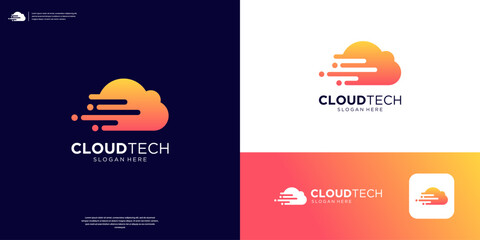 Cloud speed logo flat minimalist symbol tech transfer data logo design.