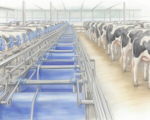 dairy farm, cows being milked in a dairy farm