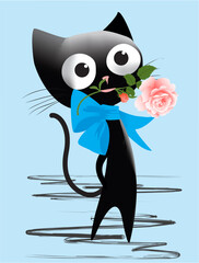 composition with a black cat with a ribbon holding a rose in its mouth