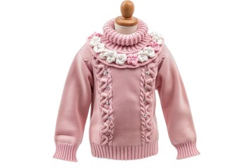 Obraz premium Beautiful pink wool knit children's sweater with long-sleeved collar decoration.