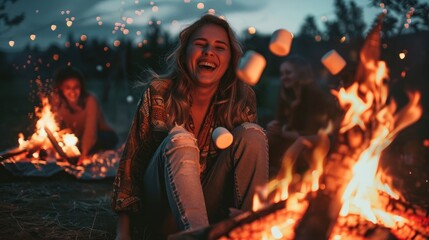 Unrecognizable woman laughing and bonding with friends around a bonfire on a starry night toasting marshmallows for s'mores,