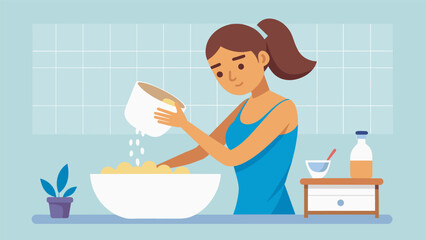 A woman pouring a cup of oatmeal into her bath water using its soothing properties to relieve dry and itchy skin..