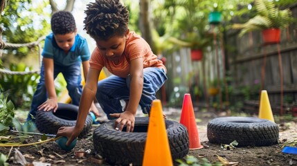 Kids building an obstacle course in the backyard, using old tires, ropes, and cones to create challenges