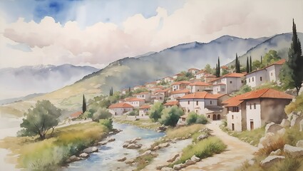 Fototapeta premium Kruje Albania Country Landscape Illustration Art
