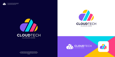 Colorful cloud logo server database storage computing logo design template.