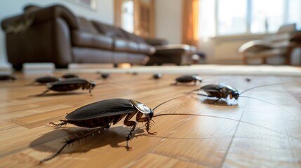 Cockroaches on the parquet floor Close-up of the background of the sofa in the living room