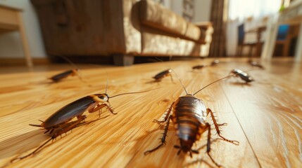 Cockroaches on the parquet floor Close-up of the background of the sofa in the living room