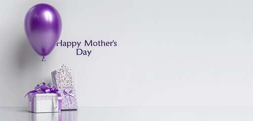 White backdrop purple balloon ornate gift box delicate "Happy Mother's Day" text.