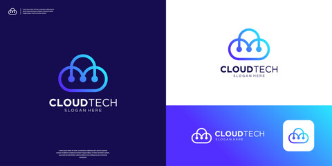 Letter M cloud tech connection database server storage logo design.