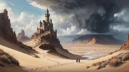Ancient old castle ruins high above a rocky cliff in a sand dune desert landscape, majestic stormy rain clouds encircle the fortress with a two adventurers walking towards it.
