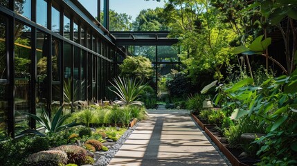 Urban Garden with Modern Glass Building and Lush Landscaping