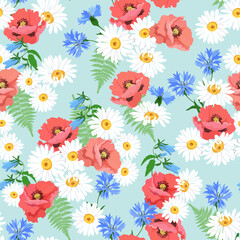 Excellent seamless pattern with poppies, daisies and cornflowers on blue background.