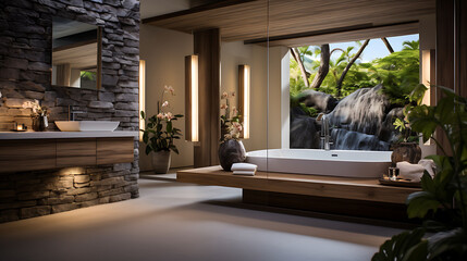 Spa-inspired bathroom with bamboo accents and pebble floor,