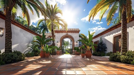 The entrance of a villa with a Spanish influence, palm trees and terracotta tiles under a sunny sky