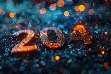 2024", written in golden letters on black glitter background, with sparkles and bokeh lights. Created with Ai