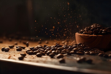 coffee beans on a wooden table in a wooden cup