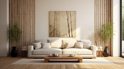 Inside the modern living room, there is light through the window. with bamboo stalks and gray sofas