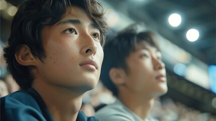 Fototapeta premium Image of an Asian man sitting in the stands, enjoying a sporting event with friends.
