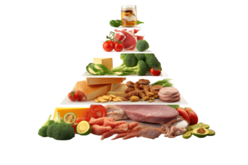 Culinary Symphony: A Whimsical Pyramid of Meat, Cheese, Broccoli, and Tomatoes on White or PNG Transparent Background.