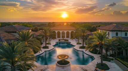 Fototapeta premium The golden sunrise casting a warm glow over a sprawling luxury pool home surrounded by palm trees