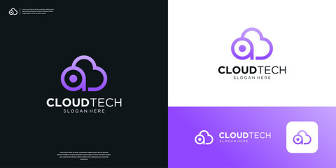 Cloud tech logo with letter A target logo design.
