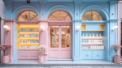 Pastel-colored facade inspires boutique's stationery design.