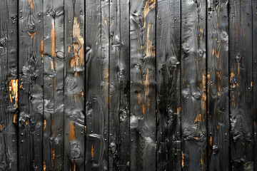 Black and white wood texture with yellow painted nails, wooden planks in the style of a black grunge old black metal wall background. Created with Ai